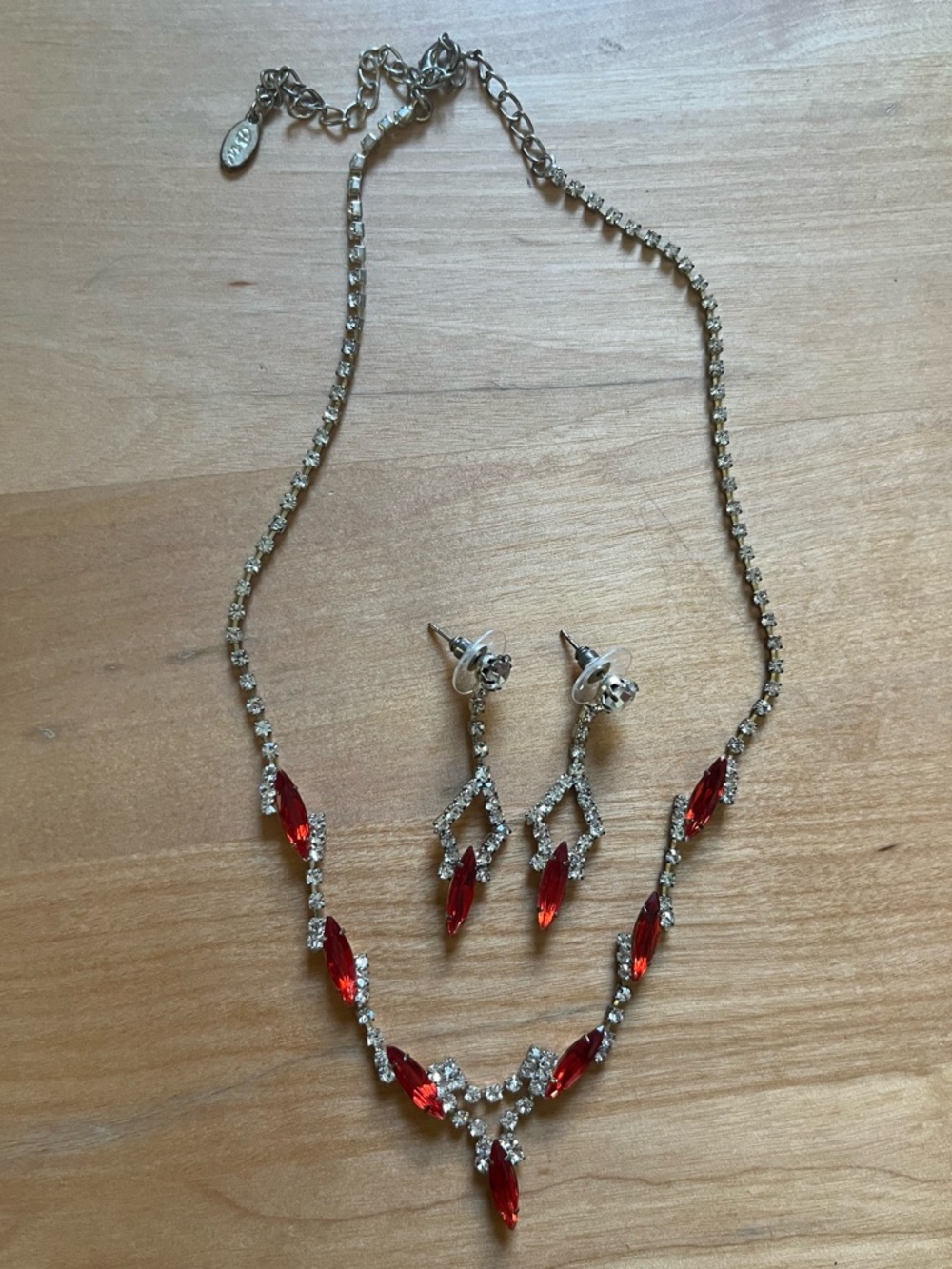 Vintage BW Red Rhinestone Necklace Earrings Set